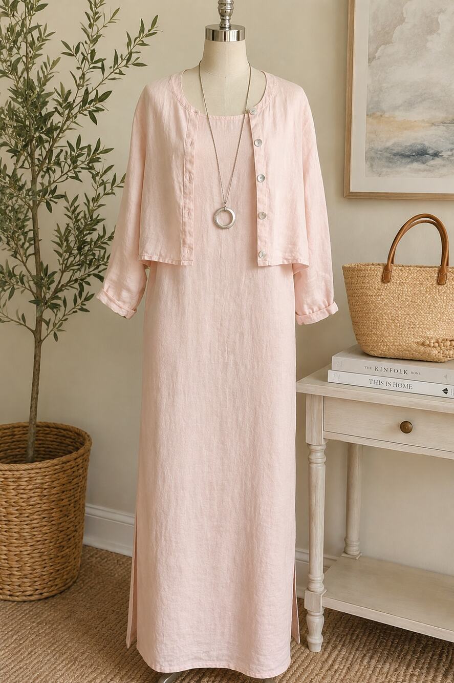 FLAX Jeanne Engelhart 100% Linen Blush Pink Maxi Dress & Jacket Set M/S